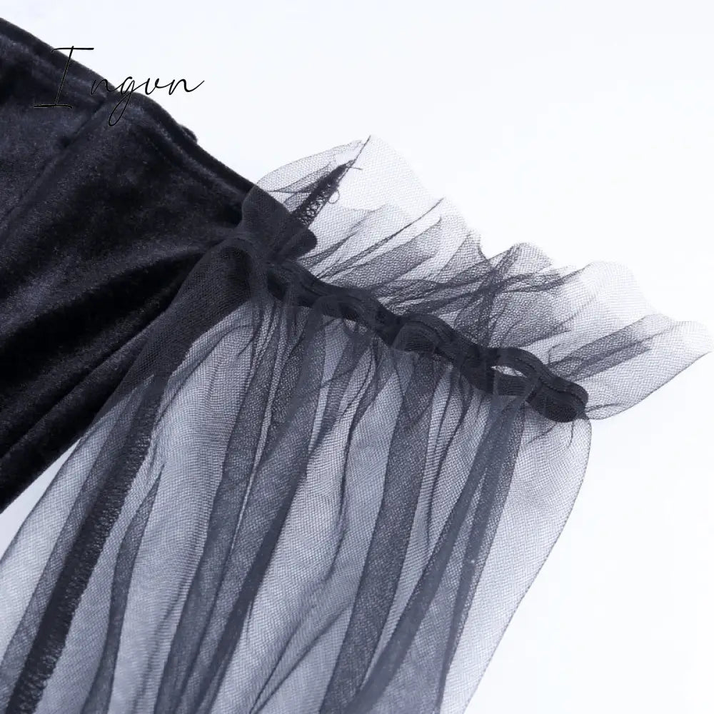 Ingvn - Gothic Sexy Dress Vintage Off Shoulder Lantern Sleeve Mesh Patchwork Velvet Mini Dress Dark Street Black Dress for Female