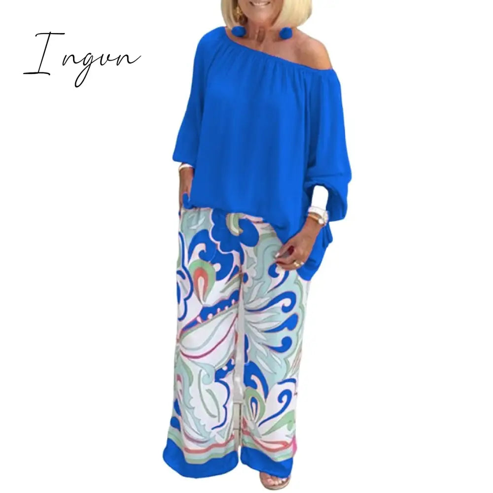 Ingvn - Pants Sets Fashion One Shoulder 3/4 Sleeve Tops Floral Print Wide Leg Trouser Women Two Piece Sets Casual Loose Suit