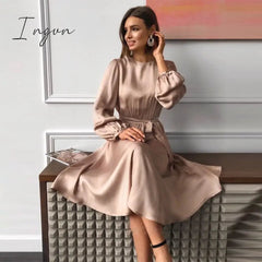 Ingvn - Elegant Vintage Sashes Satin A-line Dress Women Autumn New Lantern Sleeve O Neck Solid Casual Party Vestidos Fashion Robes