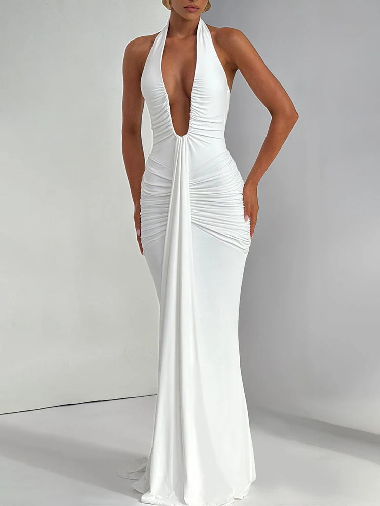 Deep V Neck Backless Ruched Sexy Maxi Dress Women Gown Summer Halter Sleeveless Draped Club Party Long Dress