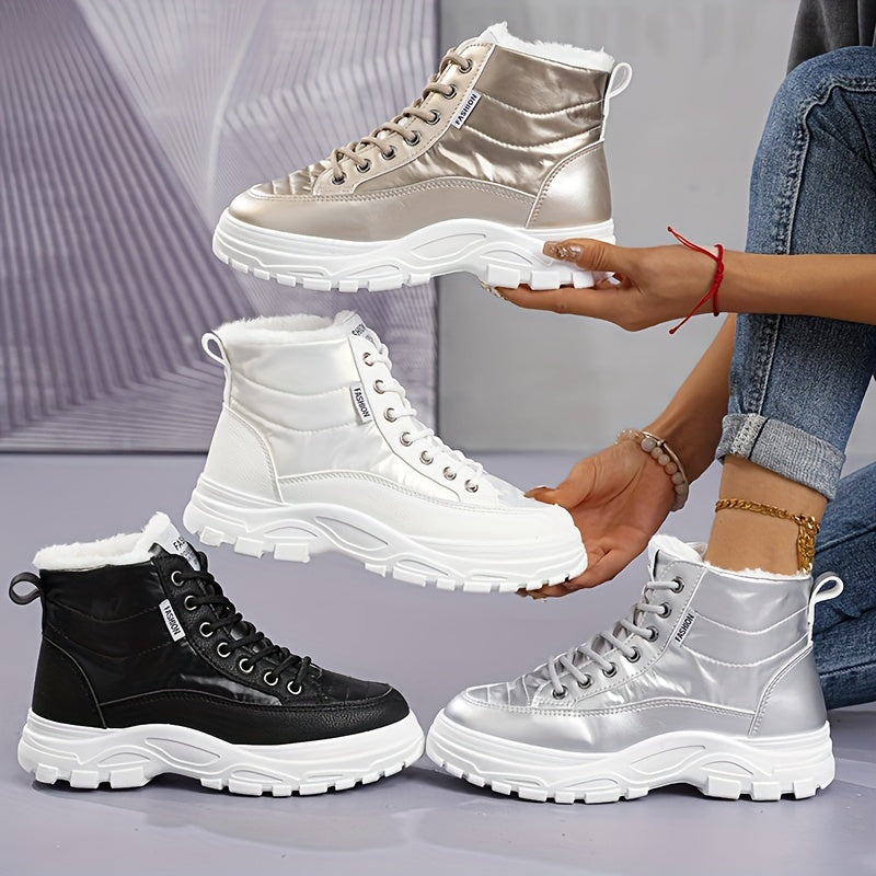 Women'S Winter Thickened Snow Boots High Top Platform Ankle Boots with Warm Fleece Lining, Solid Color, Round Toe, Low Heel, Fabric Insole, Polyurethane PU, Rubber Sole, Hand Washable