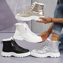 Women'S Winter Thickened Snow Boots High Top Platform Ankle Boots with Warm Fleece Lining, Solid Color, Round Toe, Low Heel, Fabric Insole, Polyurethane PU, Rubber Sole, Hand Washable