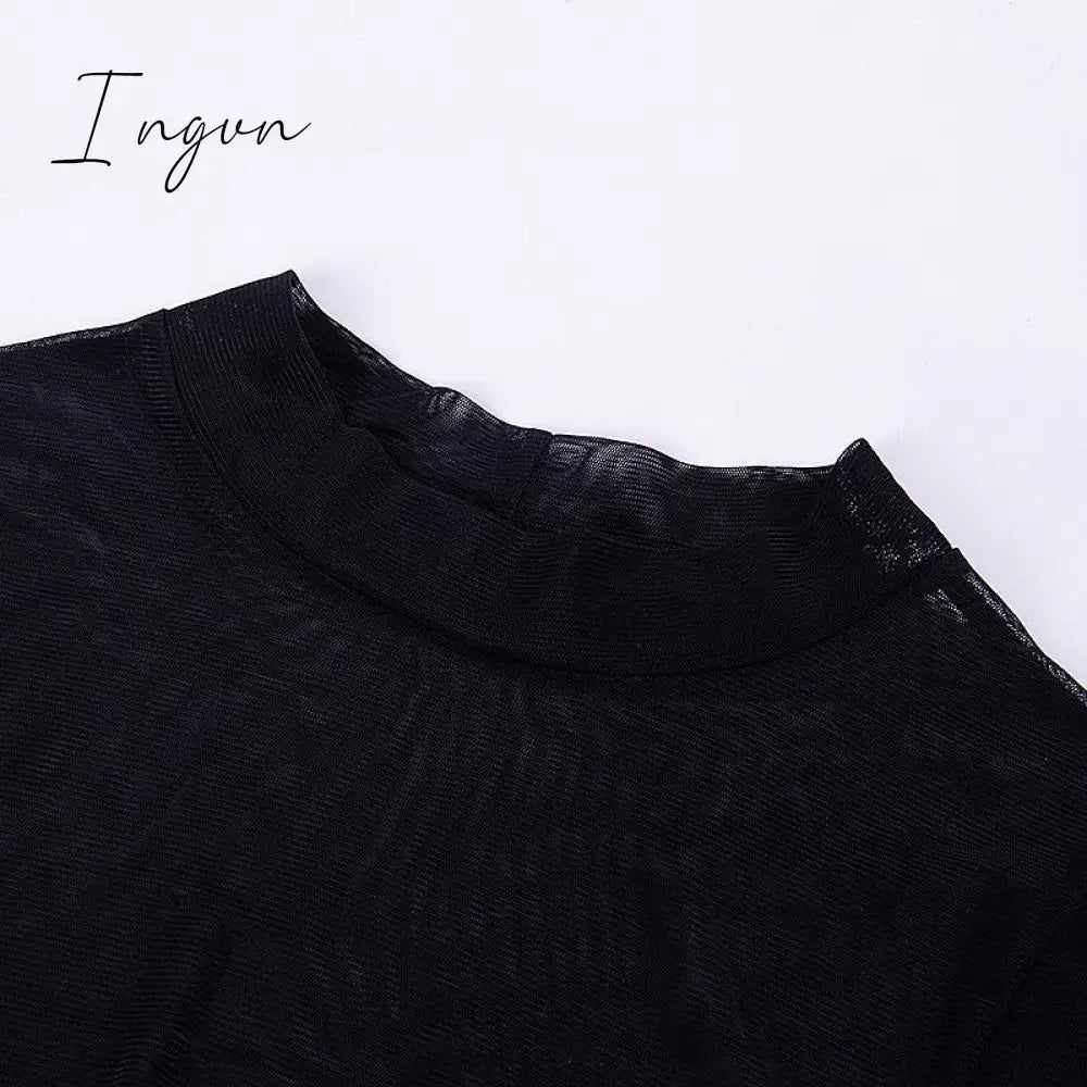 Ingvn - Summer Outfits Fashion Trends Sexy Women Dress Mesh See-through Long Sleeves Dress Slim Tight Backless Dress Party Clubwear Female Mini Dresses Black