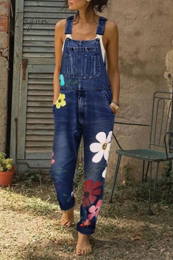 Ingvn -  Flower-printed Baggy Jeans With Suspenders(3 Colors)