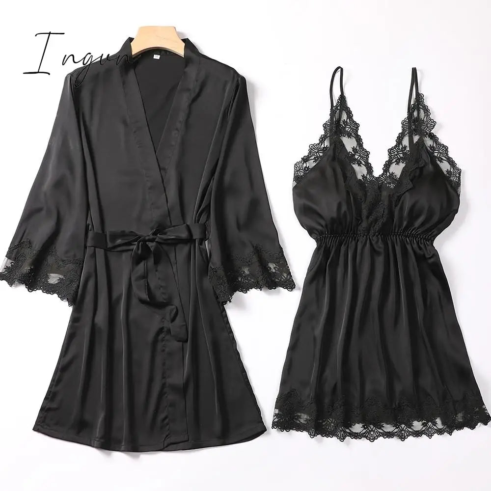Ingvn - Lace Trim Sexy Wedding Lady Robe Suit Loose Satin Bride Bridesmaid Kimono Bathrobe Gown Mini Sleepwear Rayon Intimate Lingerie