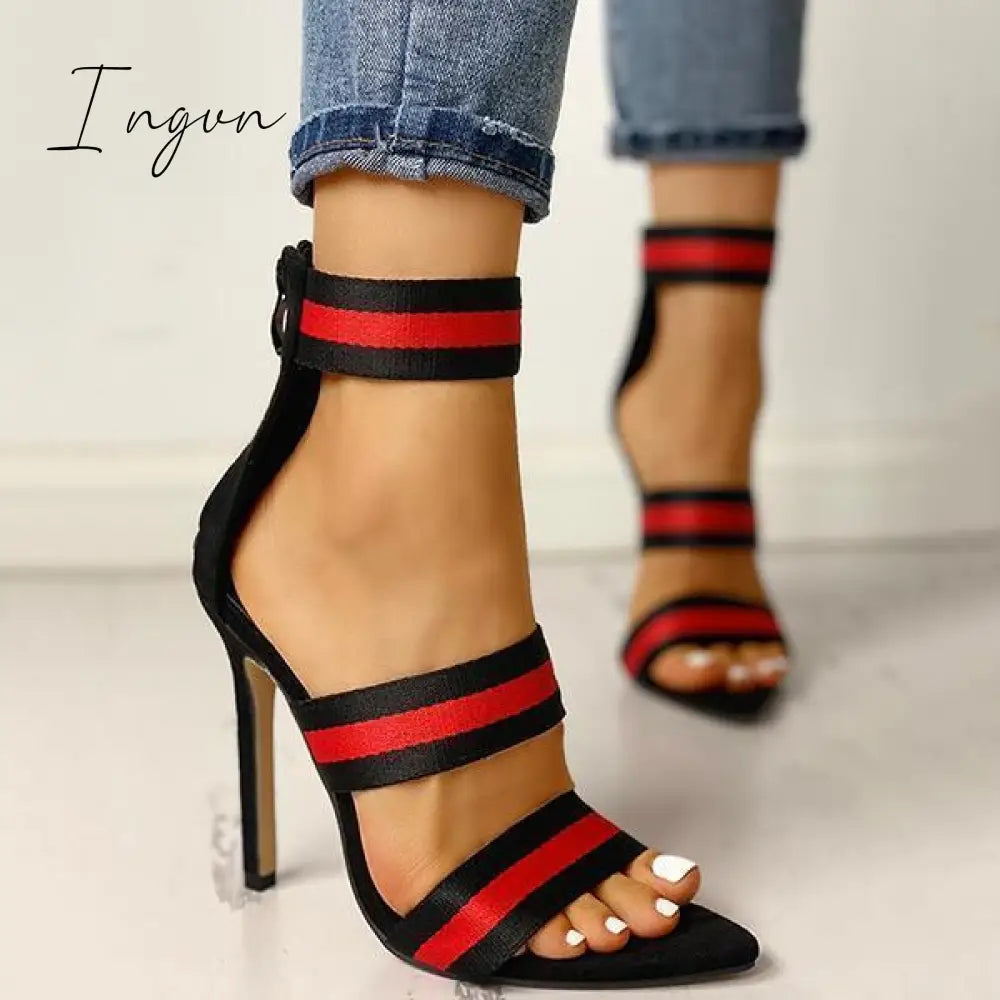 Ingvn - Stripes Open Toe Thin Heels