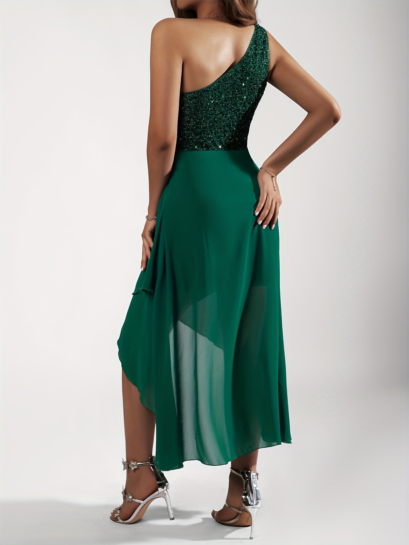 Sequin One-shoulder Tulip Dress, Elegant Sleeveless Dress For Party & Banquet, Women's Clothing