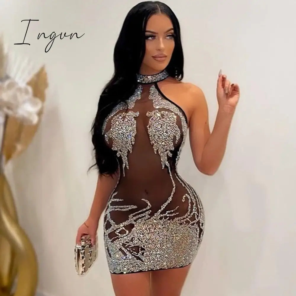 Ingvn - Mesh Sheer See Through Sexy Party Dress for Women Party Club Night Mini Bodycon Dress Luxury Rhinestone Sparkly Birthday Dress