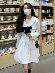 Ingvn - Fall Fashion Sweet Kawaii Lolita White Dress Women Japanese Soft Peter Pan Collar Cute Short Dresses Elegant Autumn Bow