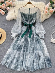Ingvn - Elegant Women Mesh Dress Vintage Lantern Sleeves Printed Party Dresses Spring Summer Patchwork A Line Bandage Beach Dress
