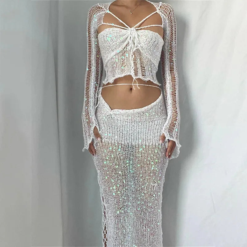 Crochet Knitted Dress Two Piece Skirt Sets Summer Women Clothes Sexy Crop Tops Elegant Knit Sequin Dress 3 Piece Set Outfit