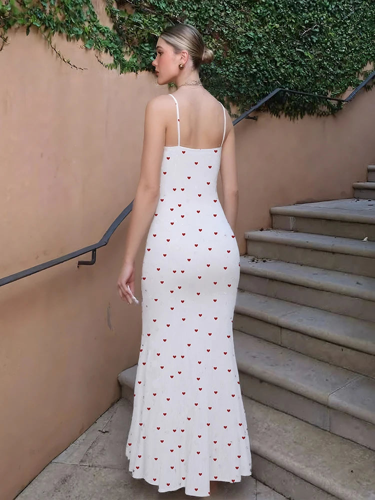 Elegant Heart Print Ribbed Maxi Dress Women Summer Y2K Trend Square Collar Backless Robe Daily Casual Fashion Outfits
