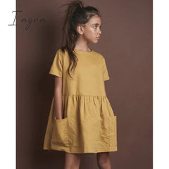 Ingvn - Fashion Cotton Linen Summer Girl Dress Yellow Casual Short Sleeve Kids Holiday Dress With Pockets TZ20