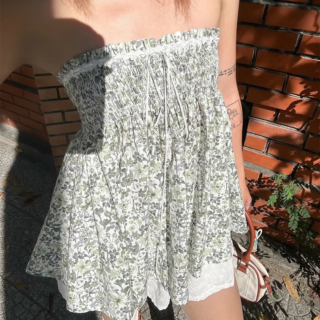 Y2k Elastic Bust Strapless Flowy Camisole Floral Graphic Print Tube Tops Fairycore Sweet Cute Off Shoulder Backless BabydollVest