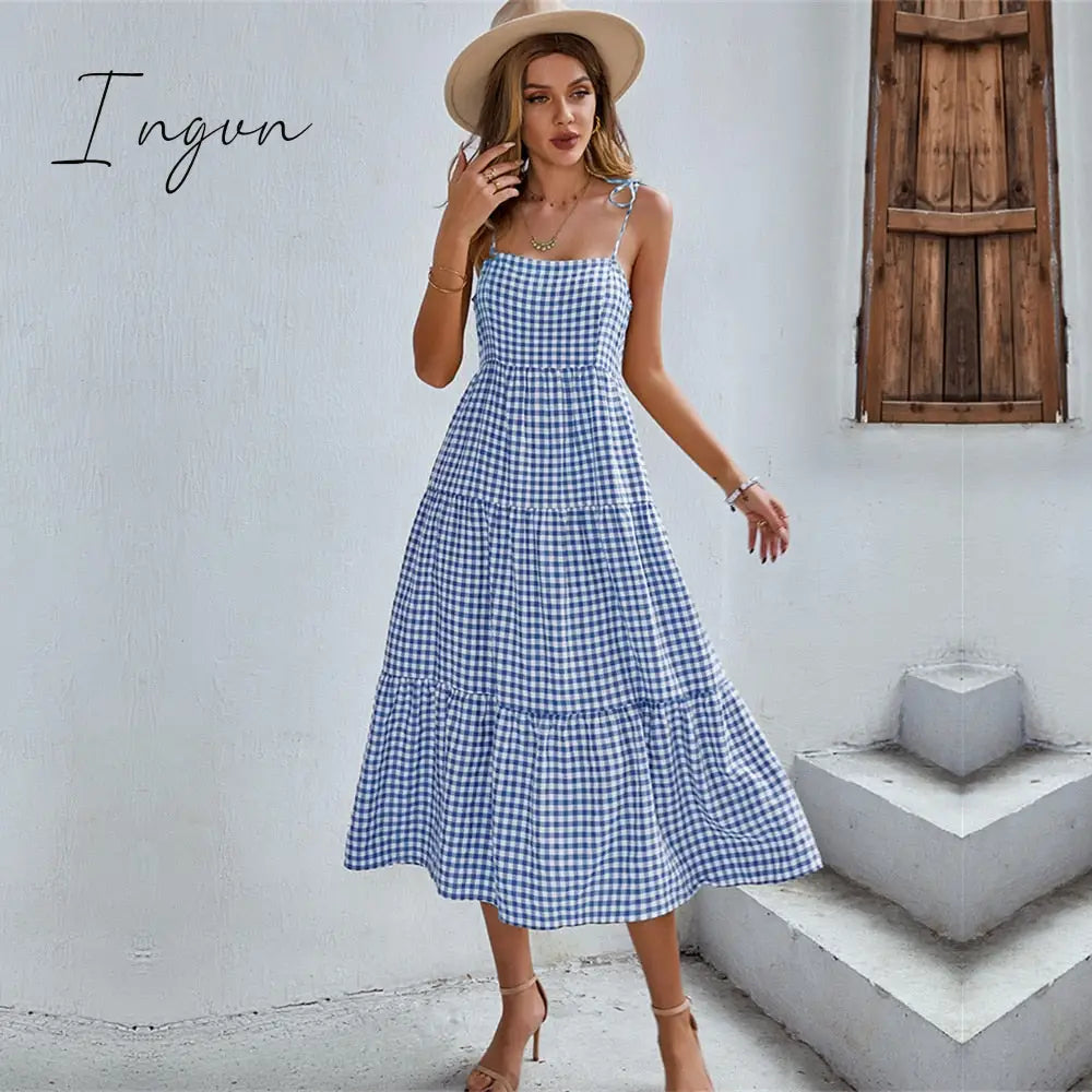 Ingvn - Ladies Vintage Boho Plaid Summer Dress Women Sexy Backless Casual Ruffles Party Beach Sundress Women Dress Robe Vestidos Female