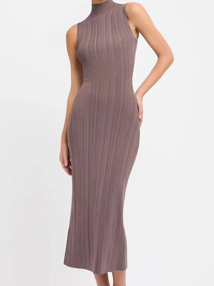 Sleeveless Knitwear Turtleneck Long Dress Female Slim Elegant Fashion Autumn Ribbed Knit Dress For Women Maxi Dress