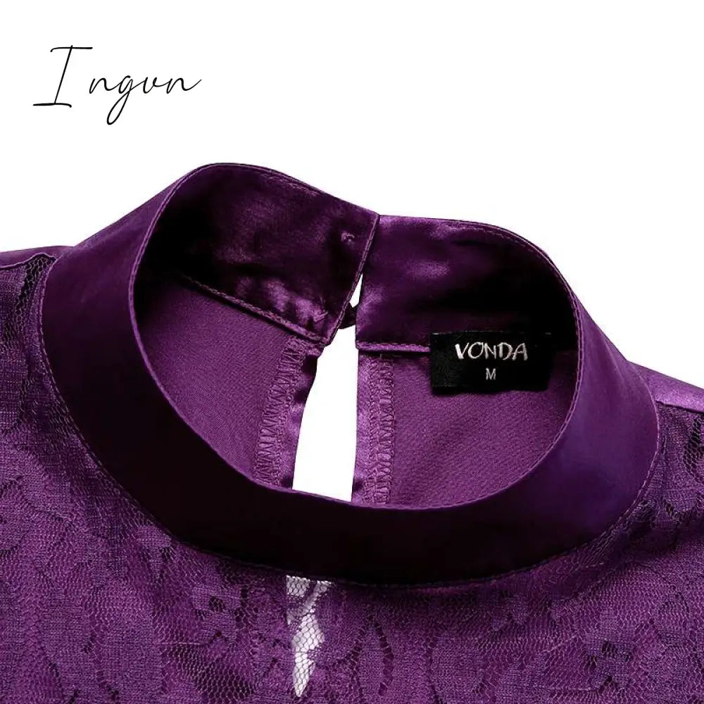 Ingvn - Summer Kaftan Party Dress Bohemian Women Long Sleeve Mock Neck Lace Patchwork Maxi Long Dress Robe Longues Oversized