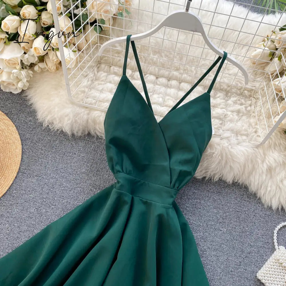 Ingvn - Summer Spring Beach Holiday V-Neck Backless Lace Up Ruffles Cakes Solid Elegant Women Lady A-line High Waist Dress