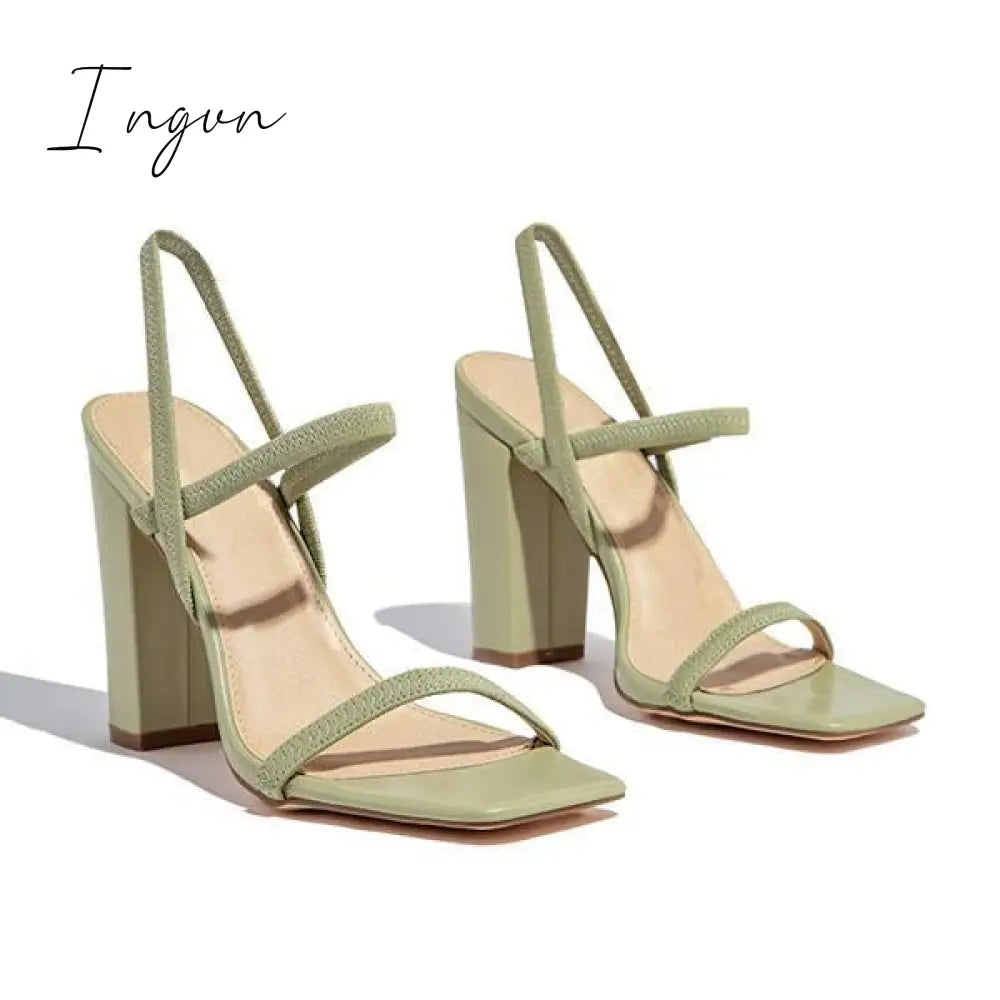 Ingvn - Elastic Straps Squared Toe Chunky Heels