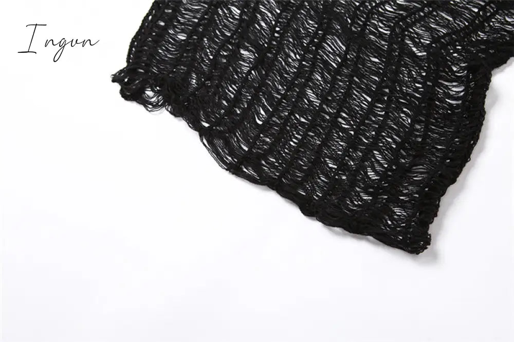 Ingvn - 2023 Womens Fashion Black Diagonal Collar Knitting Maxi Dress Women Sexy Mesh Transparent One Shoulder Long Sleeve Split Robe Holiday Jurk