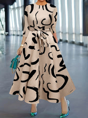Stylish Geo Print Crew Neck Belted Dress - Elegant Half Sleeve Women's Dresses for Work, Formal Occasions, and Daily Wear - Soft, Comfortable, and Flattering Fit