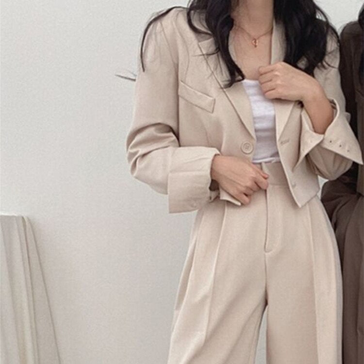 Korean Style Office Lady Blazer Sets Autumn Loose 2 Two Piece Set Women Long Sleeve Short Suit Coat + Straight Suit Pants Suits