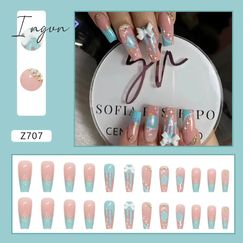 24pcs/Box Gradient Nail Art Patches False Nails Short Square Nail Blue Starry Glitter Teardrop Diamond Fake Nail Tips