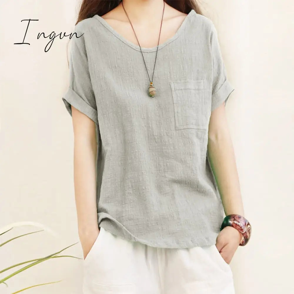 Ingvn - Green Loose Cotton Linen Blouse Oversize 5XL Blouses Women 2023 Summer Shirts Casual Short Sleeve O Neck Solid Shirt Lady Tops