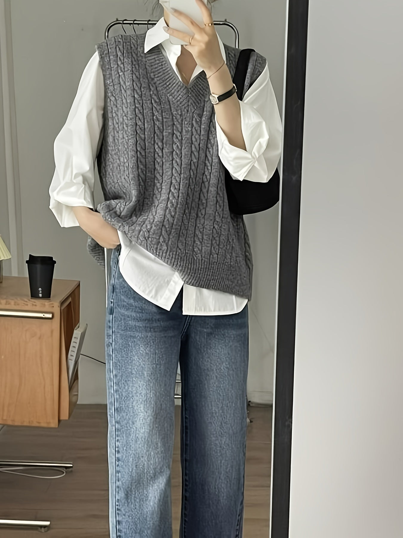Solid V Neck Cable Knit Vest - Women's Casual Clothing - Sleeveless Loose Fit Versatile Sweater Vest for Everyday Wear, Comfortable and Stylish