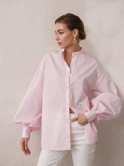 Ingvn  Loose O-neck Women Stylish Shirts Spring Summer Lantern Sleeve Single-breasted Female 100% Cotton Blouse Ladies Tops