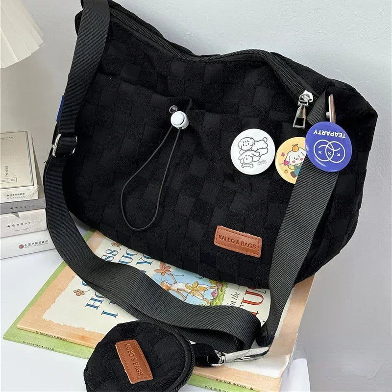 INGVN  Harajuku Style College Crossbody Bag Solid Color Plaid Print Large Capacity Shoulder Bag New Cute Fashion Designer Handbag