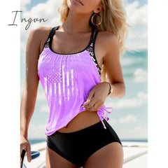 Ingvn - Women's Swimwear Tankini 2 Piece Normal Swimsuit 2 Piece Modest Swimwear High Waisted Striped Stars Black Pink Blue Purple Green Padded Strap Bathing Suits Sports Vacation Beach Wear