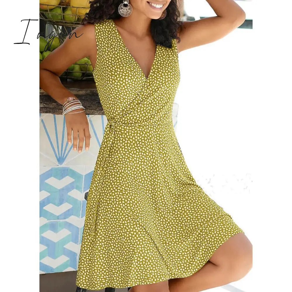 Ingvn - New Casual Polka Dot Dress Women V Neck Sleeveless Bandage Beach Dress Summer Bohemian Dresses For Women