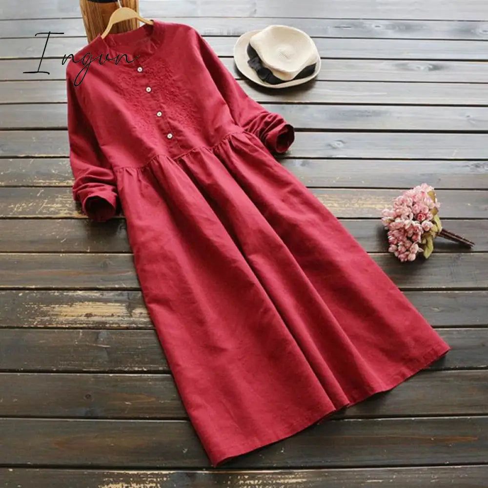 Ingvn - Autumn Embroidery Long Shirt Dress Vintage Women Casual Cotton Vestidos Women Long Sleeve Sundress Kaftan