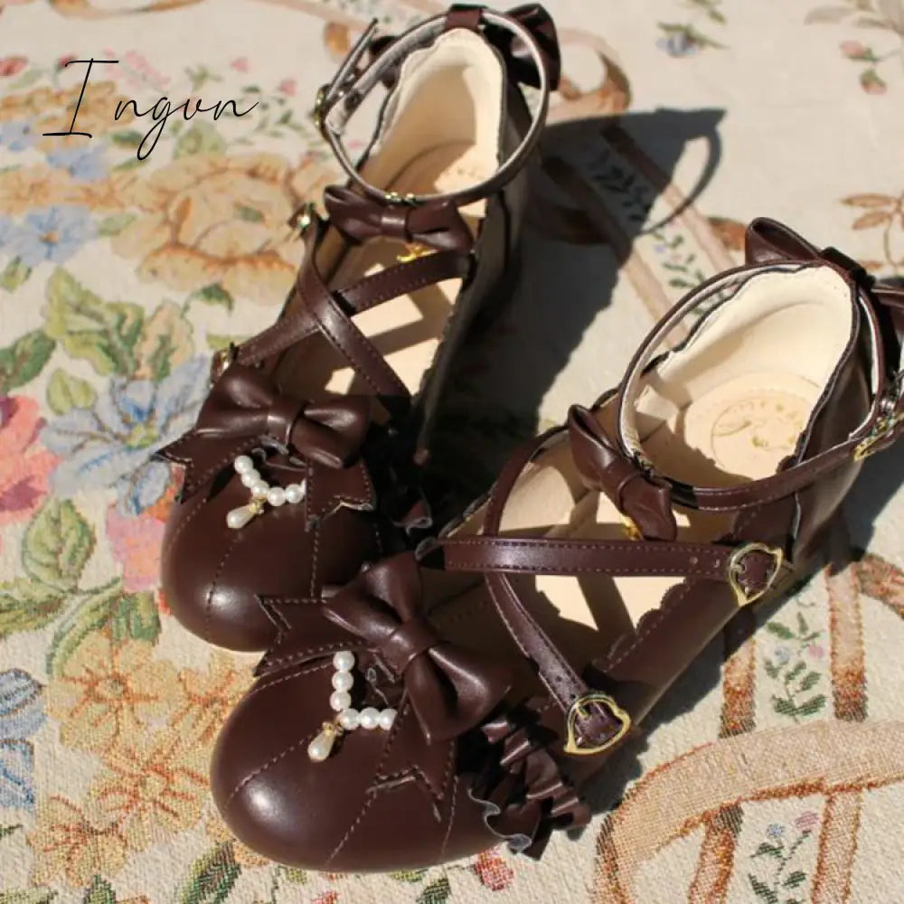 Ingvn - Sweet Lolita Shoes Vintage Round Head Middle Heel 3-5cm Women Shoes Cute Bowknot Cross Bandage Kawaii Shoes Loli  Kawaii Girl