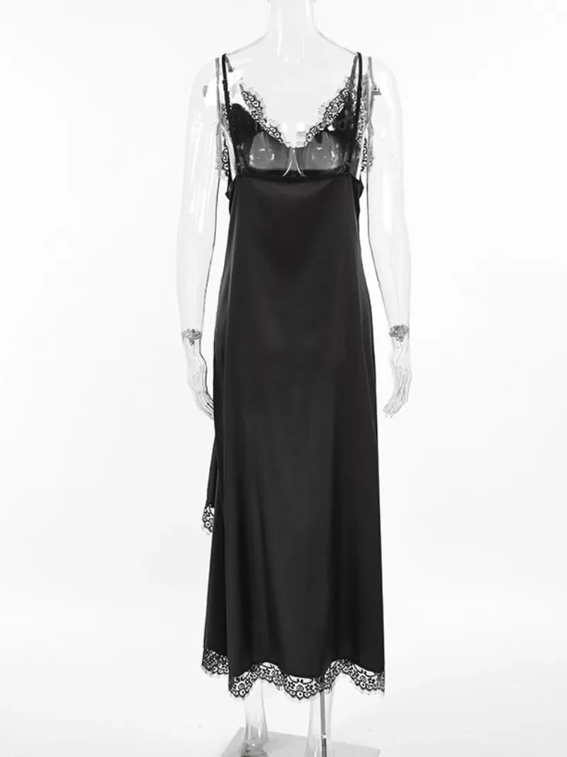 Ingvn  Women Sexy V-neck Lace Patchwork Black Dress Y2K Streetwear Fashion Spaghetti Strap Irregular Split Black Long Slip Dresses