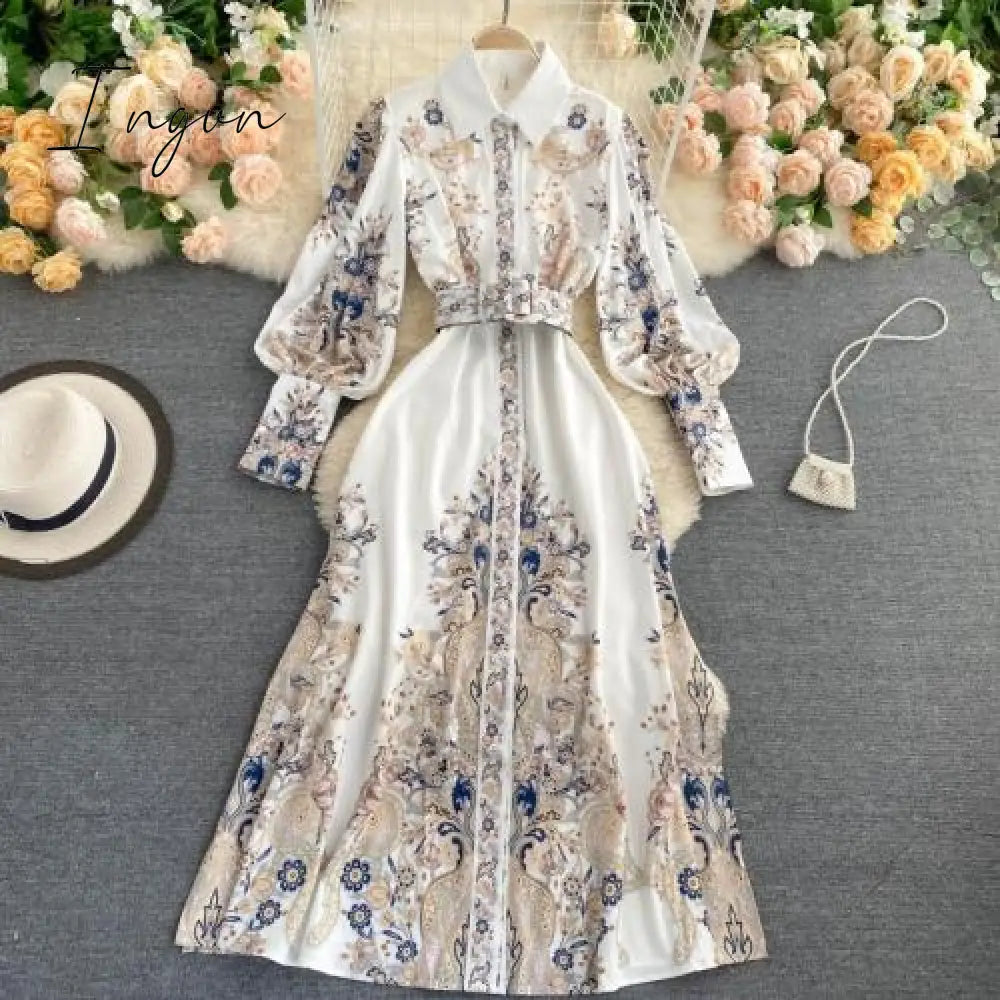 Ingvn - Fitaylor New Spring Autumn Women Vintage Notched Collar Puff Sleeve Long Dress Single Breasted Floral Print Dress with Belt