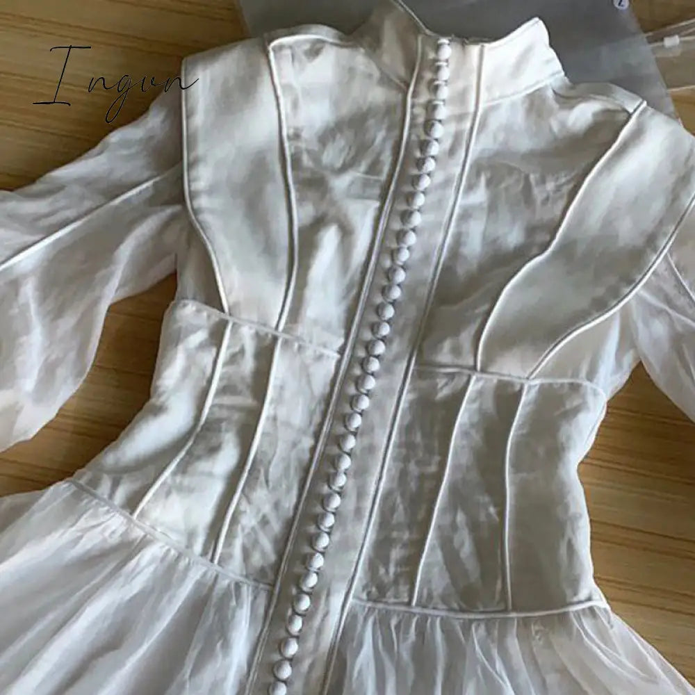 Ingvn - High-end Custom Fashion runway Dresses Stereoscopic cut slender button with bubble sleeves ladies dress