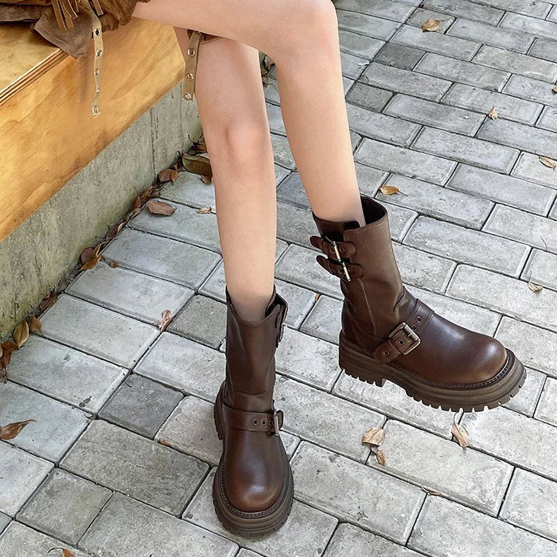 Ingvn  Winter Women Motorcycle Boots Fashion Belt Buckle Short Booties Ladies Elegant Thick Heels Botas Mujer