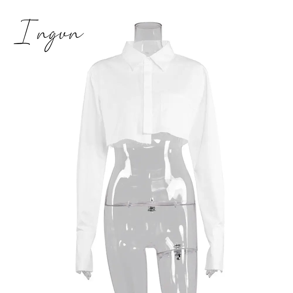 Ingvn - Sexy Crop Top Tassel Solid Color Shirt For Women Lapel Collar Long Sleeve Loose Oversized Shirts Female New