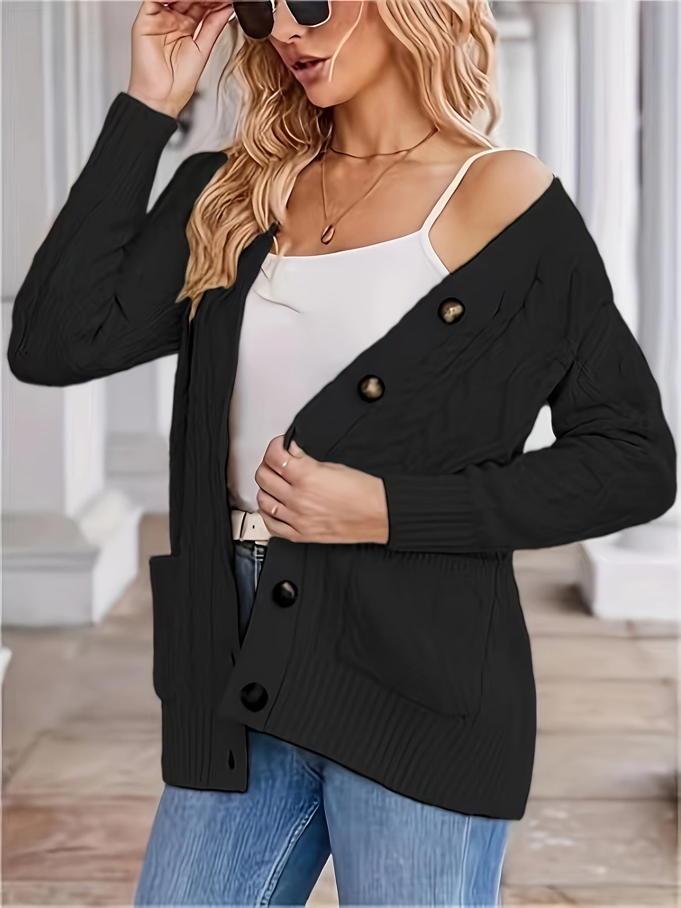Cozy Cable Knit Long Sleeve Cardigan - Women's Casual Single Breasted Cardigans with Pockets for Spring & Fall - Soft, Comfortable, and Stylish Women's Clothing