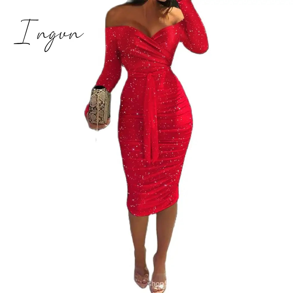 Ingvn - Women Clothing Asymmetric Collar High Waist Robe Slit Dress Chic Solid Short Sleeve Elegant Fashion Prom Banquet Dress New