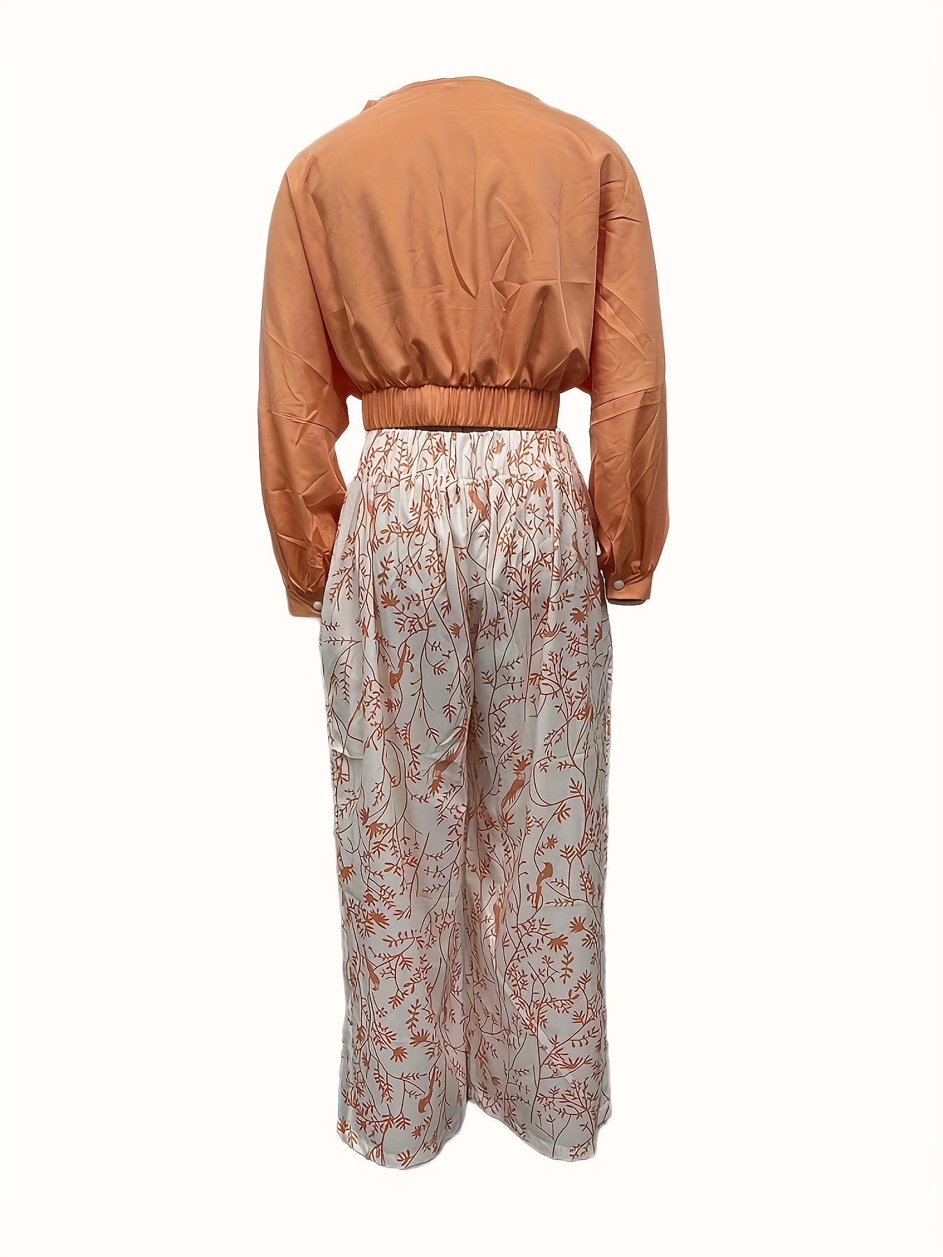 Two-Piece Casual Outfit Set - Surplice Neck Solid Color Top with Adjustable Straps & Wide Leg Floral Print Pants - Comfortable Womens Clothing for Daily Wear