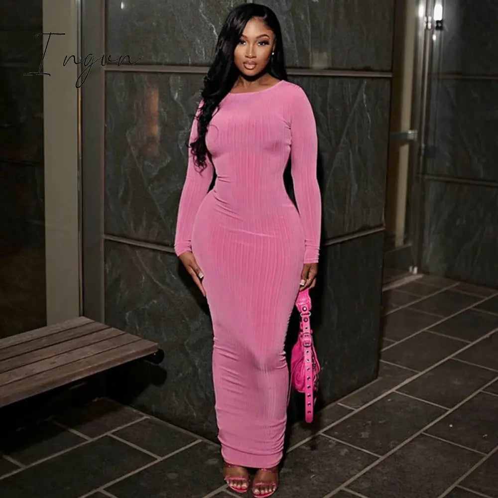 Ingvn - Autumn Y2K Clothes Long Sleeve O-Neck Bodycon Maxi Dresses For Women 2023 Club Party Streetwear Elegant Solid Outfits