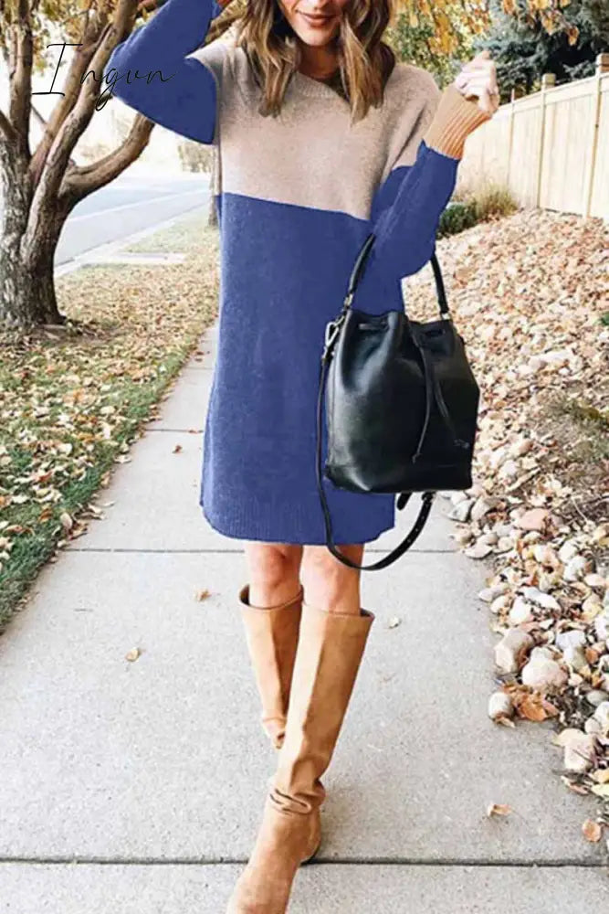 Ingvn - Loose Round Neck Paneled Mini Dress(5 Colors)