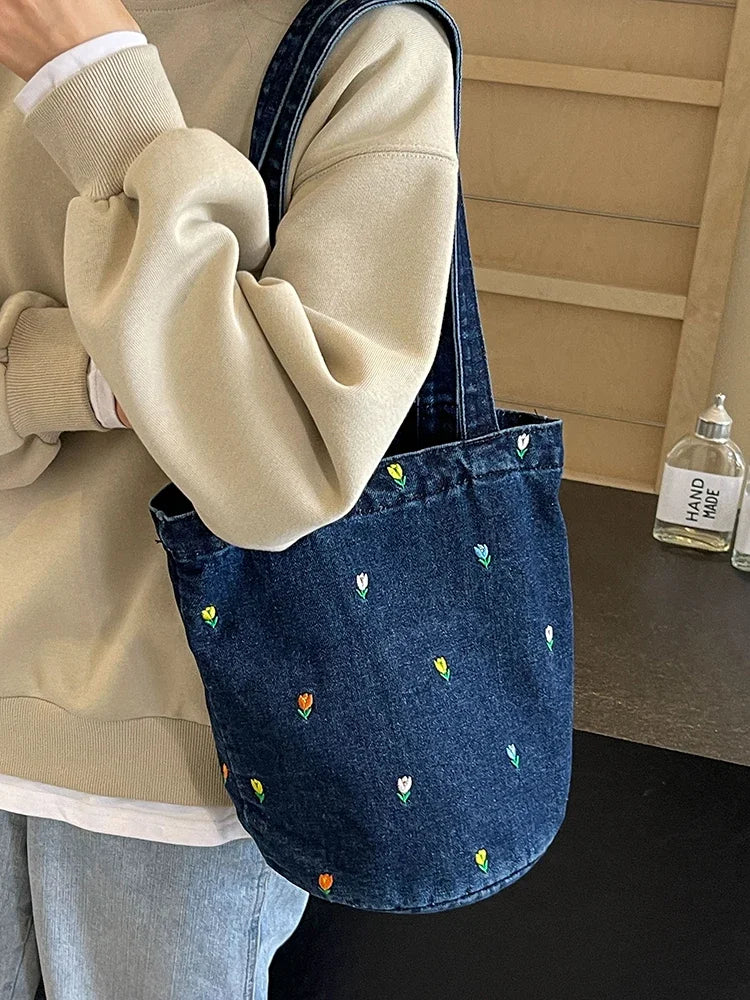 Ingvn  Large Capacity Women's Shoulder Bucket Bag Soft Denim Female Reusable Shopping Bags Embroidery Flower Ladies Tote Purse Handbag