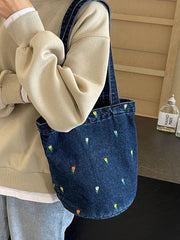 Ingvn  Large Capacity Women's Shoulder Bucket Bag Soft Denim Female Reusable Shopping Bags Embroidery Flower Ladies Tote Purse Handbag