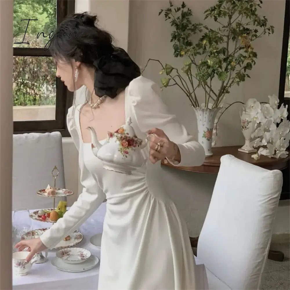 Ingvn - Women Long Sleeve Square Collar White Wedding Dresses Autumn Lady Korean Fashion Elegant Evening Party Vestidos Prom Dress