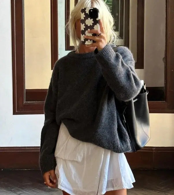 Solid Knit O-neck Elegant Women Pullover Long Sleeve Oversized Loose Soft Warm Sweater  Autumn Chic Casual Office Knitwears