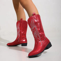 Ingvn  Vintage Thick Heel Women Western Cowgirl Boots Fashion Slip On Shoes Autumn Winter Embroidery Ladies Mid Calf Booties